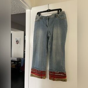 INC Women's Blue Jeans with Red Accents size 12. Beautiful embellishments.